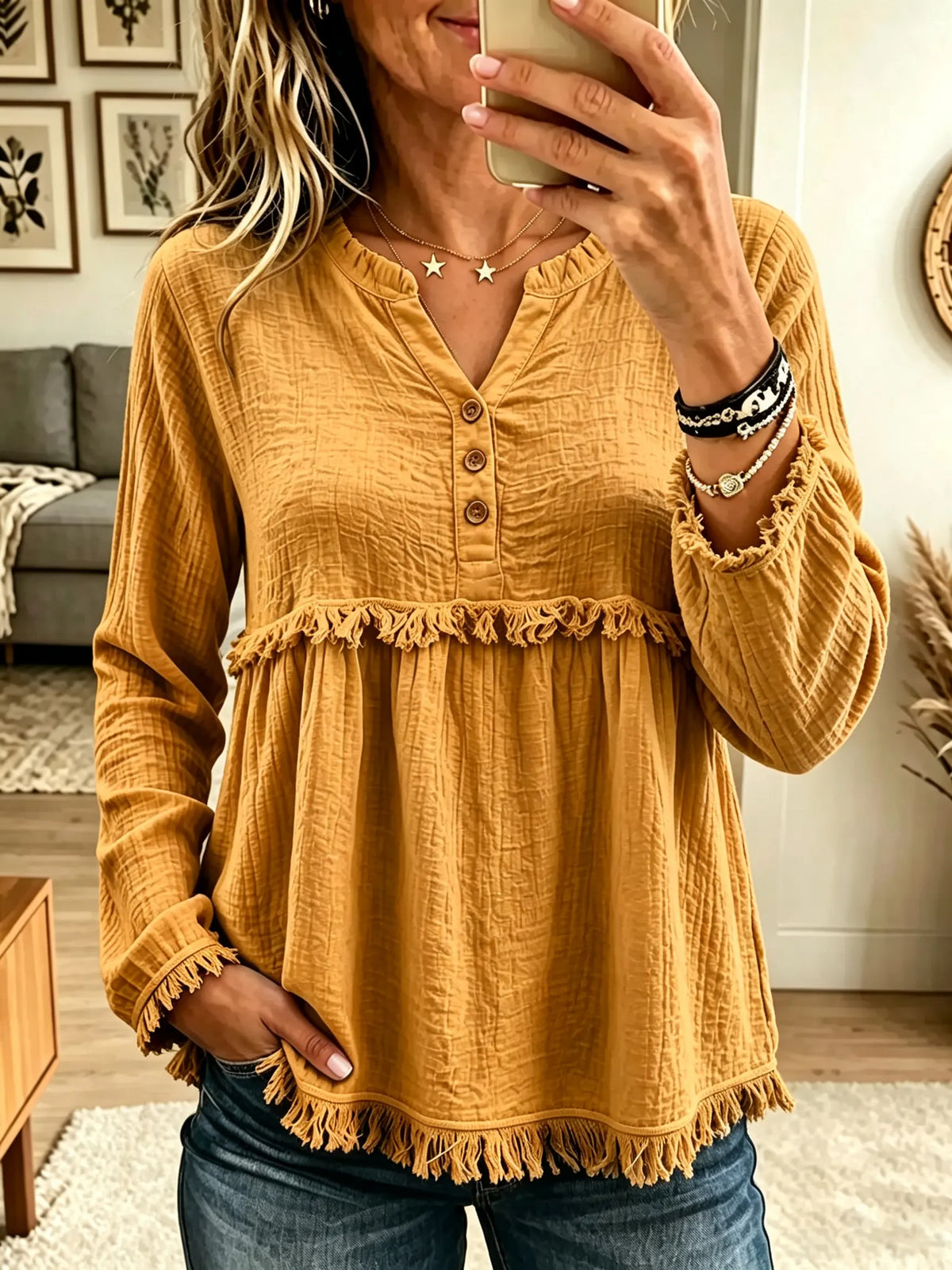 Women's Fringe Trim Henley Babydoll Blouse