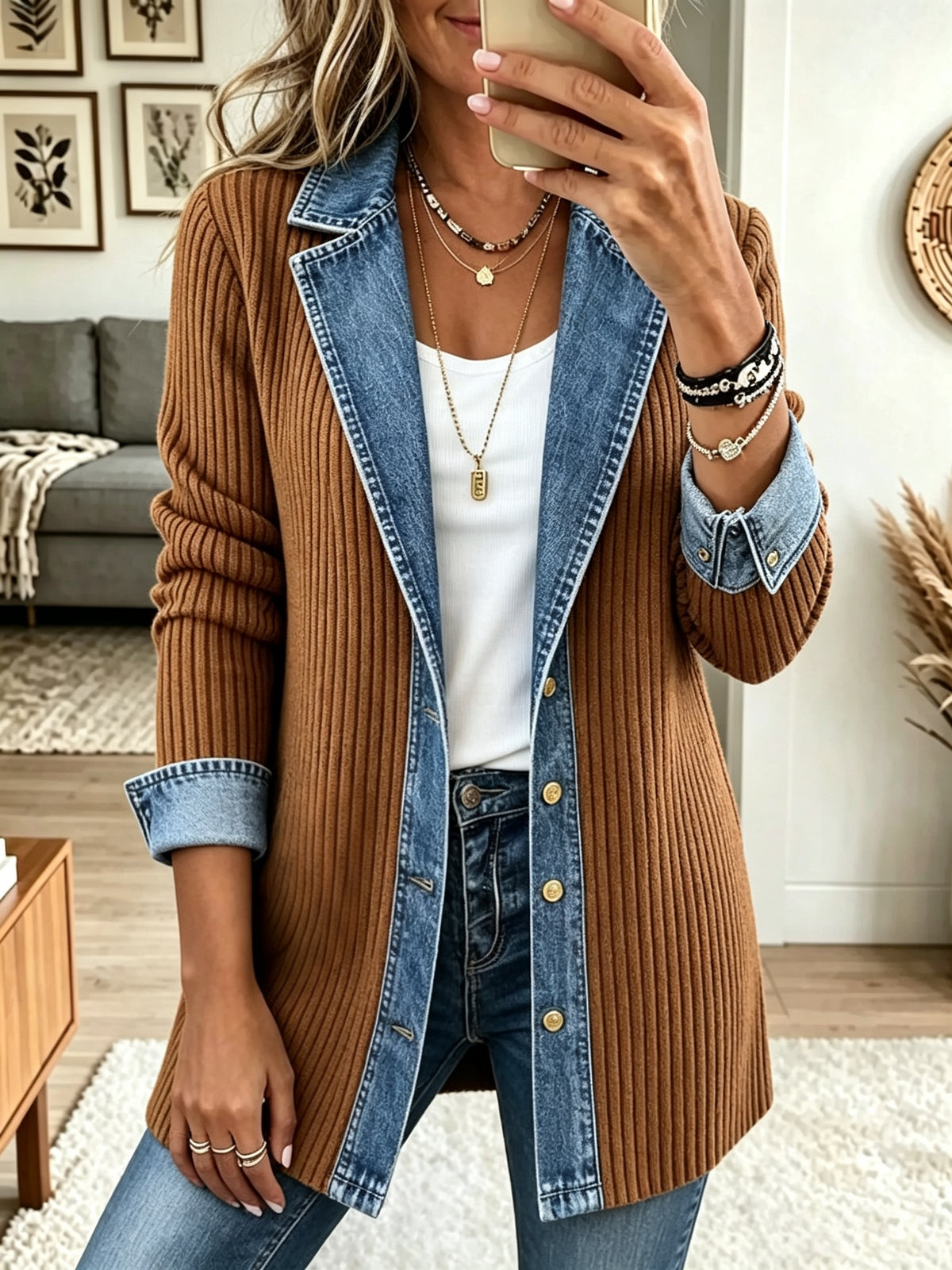 Women's Denim Notch Lapel Ribbed Cardigan