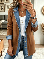 Women's Denim Notch Lapel Ribbed Cardigan