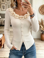 Women's 3D Rosette Trim Pearl Button Ribbed Top