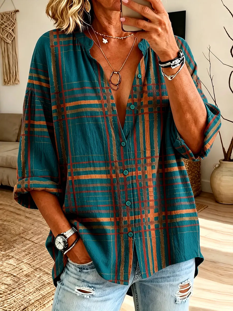 Vintage Elegant Cotton Linen Plaid Shirt