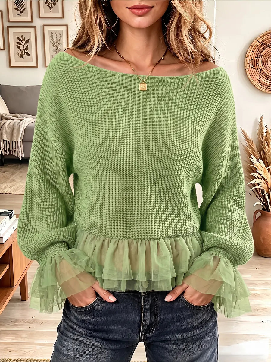 Vintage Elegant Knitted Patchwork Ruffled Chiffon Sweater
