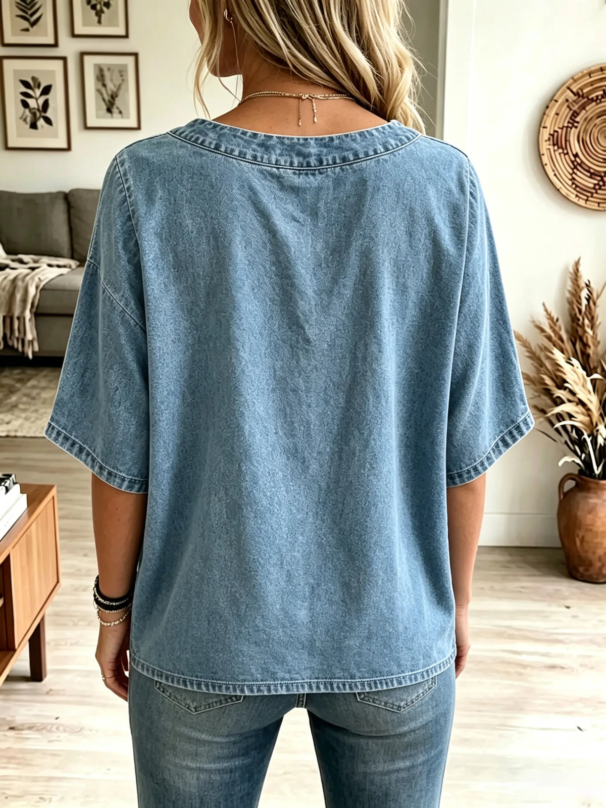 Women's V-Neck Crossover Hem Denim Top