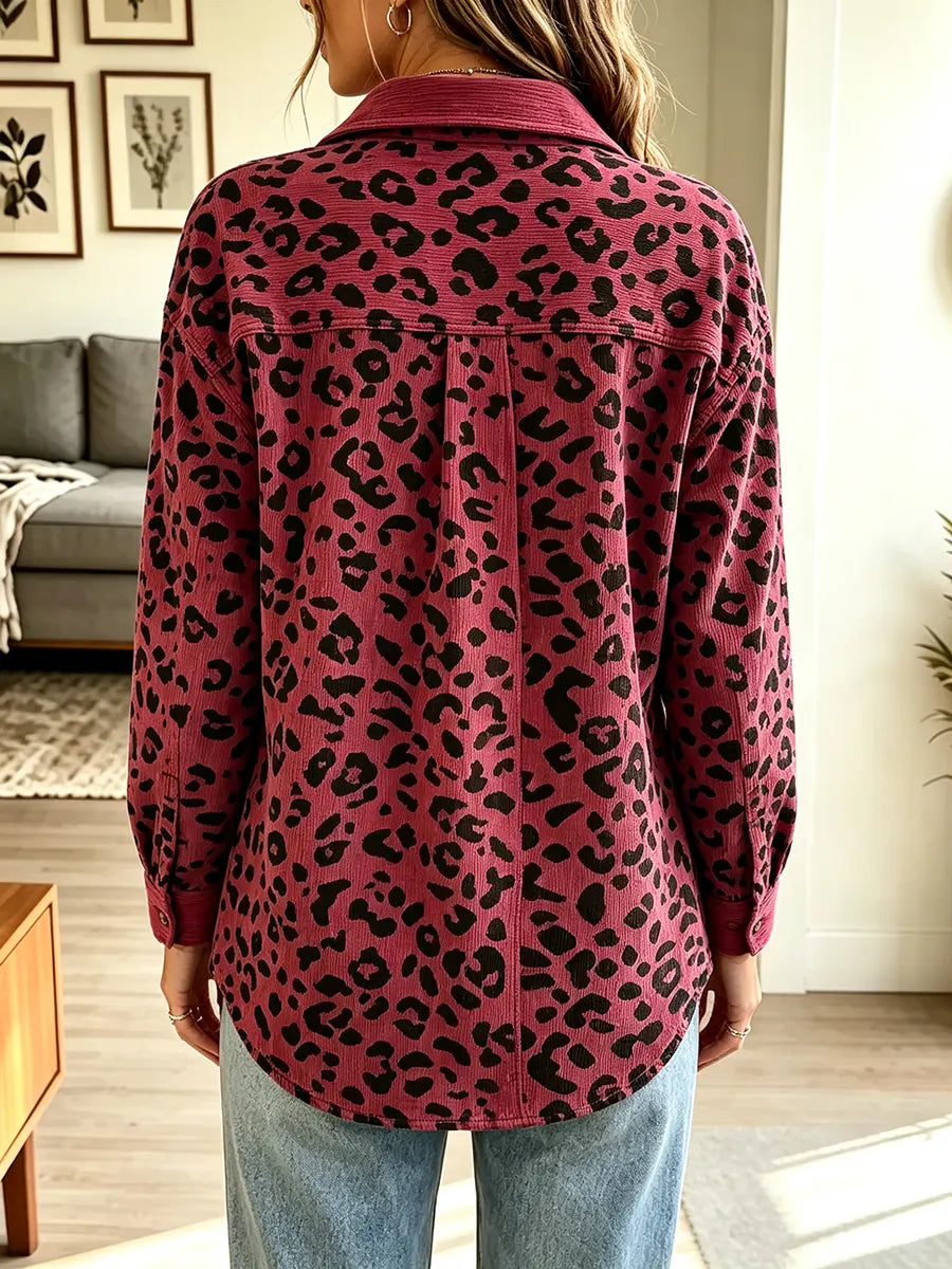 Women’s Collared Long-sleeve Leopard Print Corduroy Shirt Jacket