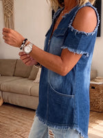 Womens Zip V Neck Cold Shoulder Fringe Washed Denim Blouse With Pockets