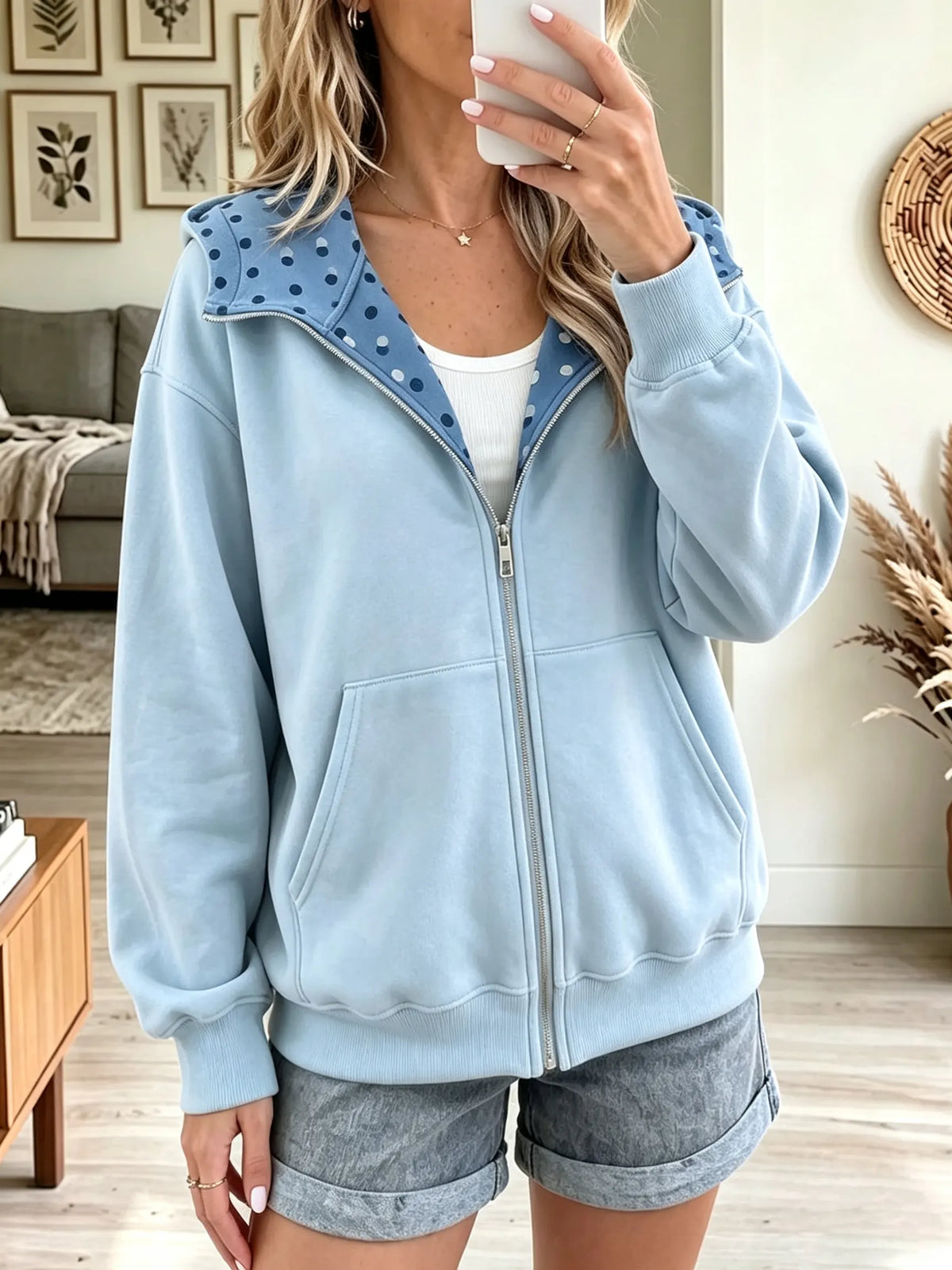 Women's Polka Dot Trim Full-Zip Hoodie