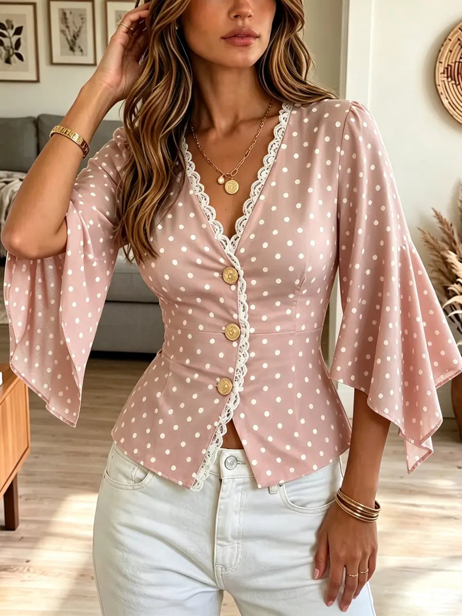 Retro Polka Dot Lace Patchwork Art Casual Stylish 3/4 Sleeve Shirt