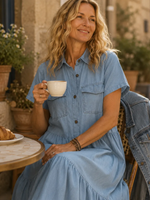 Women's Tiered Short Sleeve Denim Maxi Dress