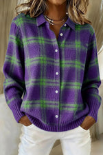Women Loose Long Sleeve Plaid Collared Button‑front Knit Cardigan Sweater