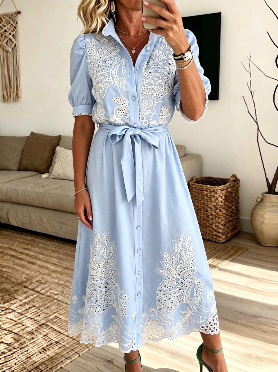 Women Eyelet Embroidery Belted Shirt Midi Dress With Puff Sleeves