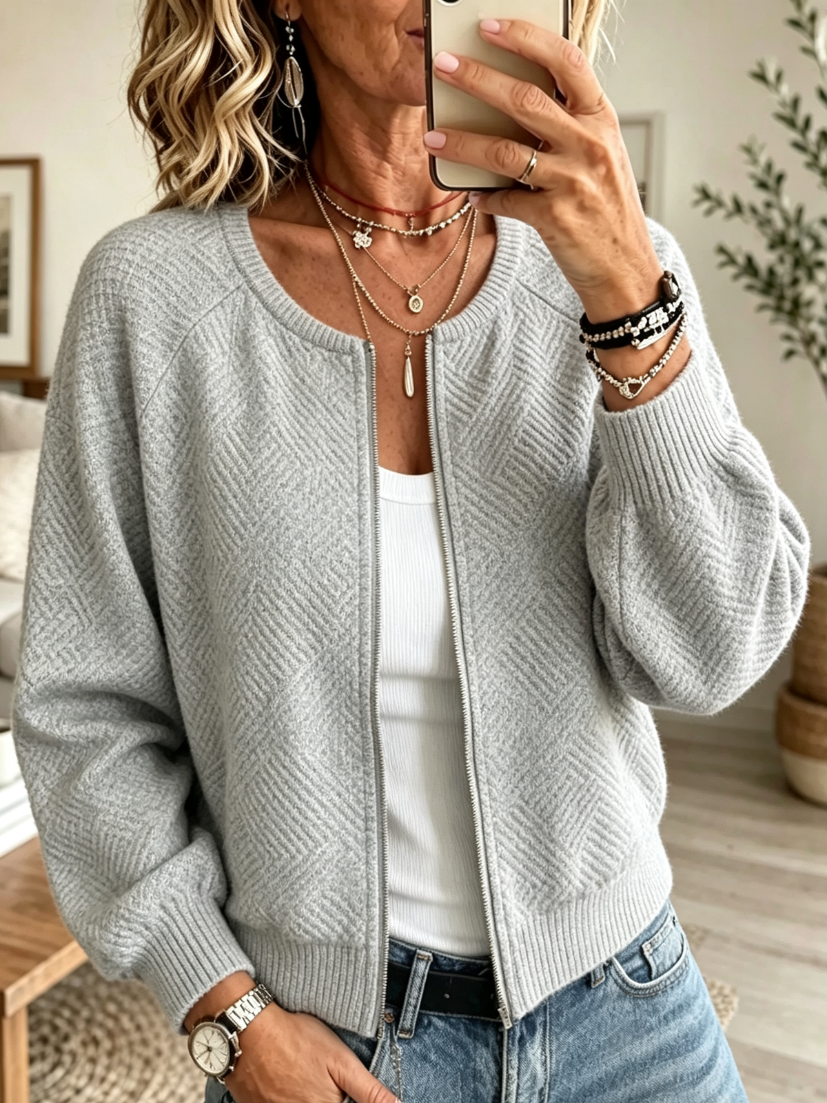 Women's Geometric Textured Zip-Front Bomber Jacket