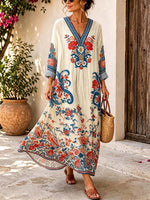 Retro Floral Pattern Art Print Casual V-neck Cotton Linen Maxi Dress