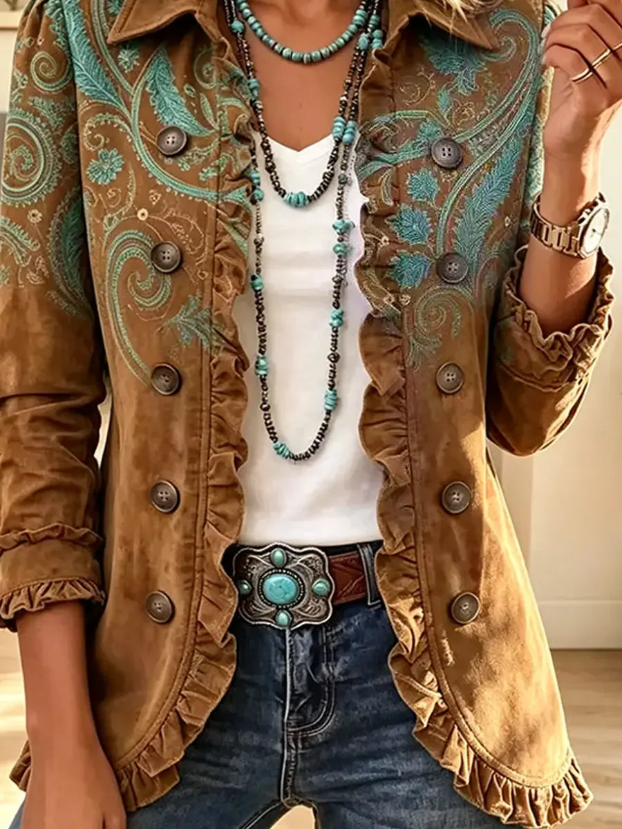 Retro Western Floral Pattern Art Print Ruffle Casual Stylish Button Lapel Coat