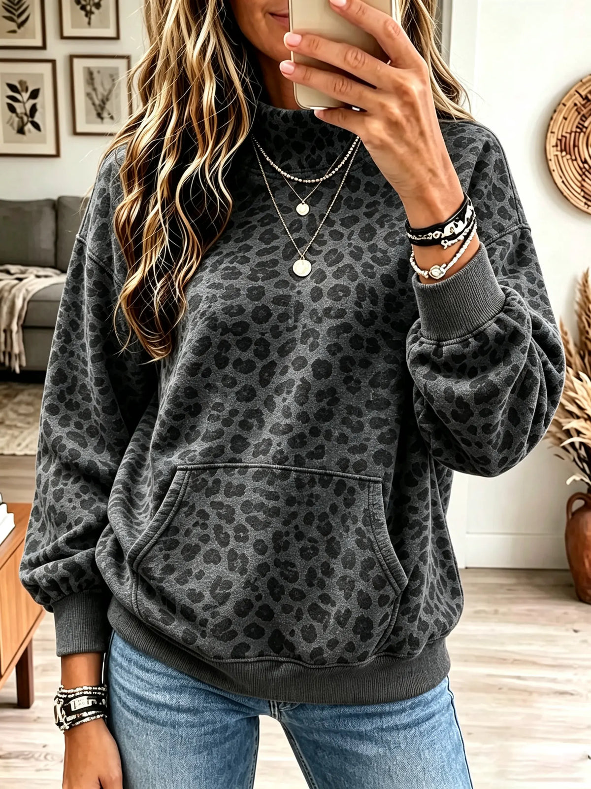 Women's Leopard Print Mock Neck Pullover Sweatshirt