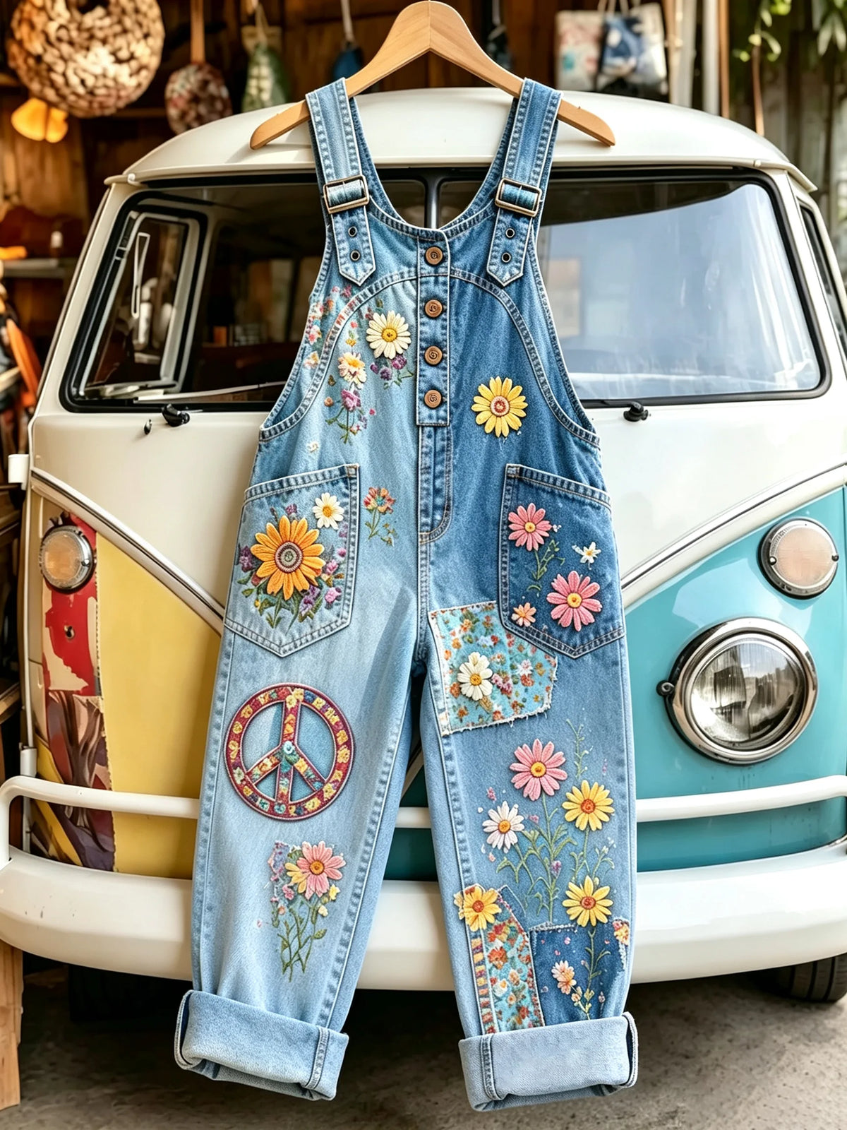 Women's Retro Daisy Peace Sign Patchwork Print Washed Denim Overalls