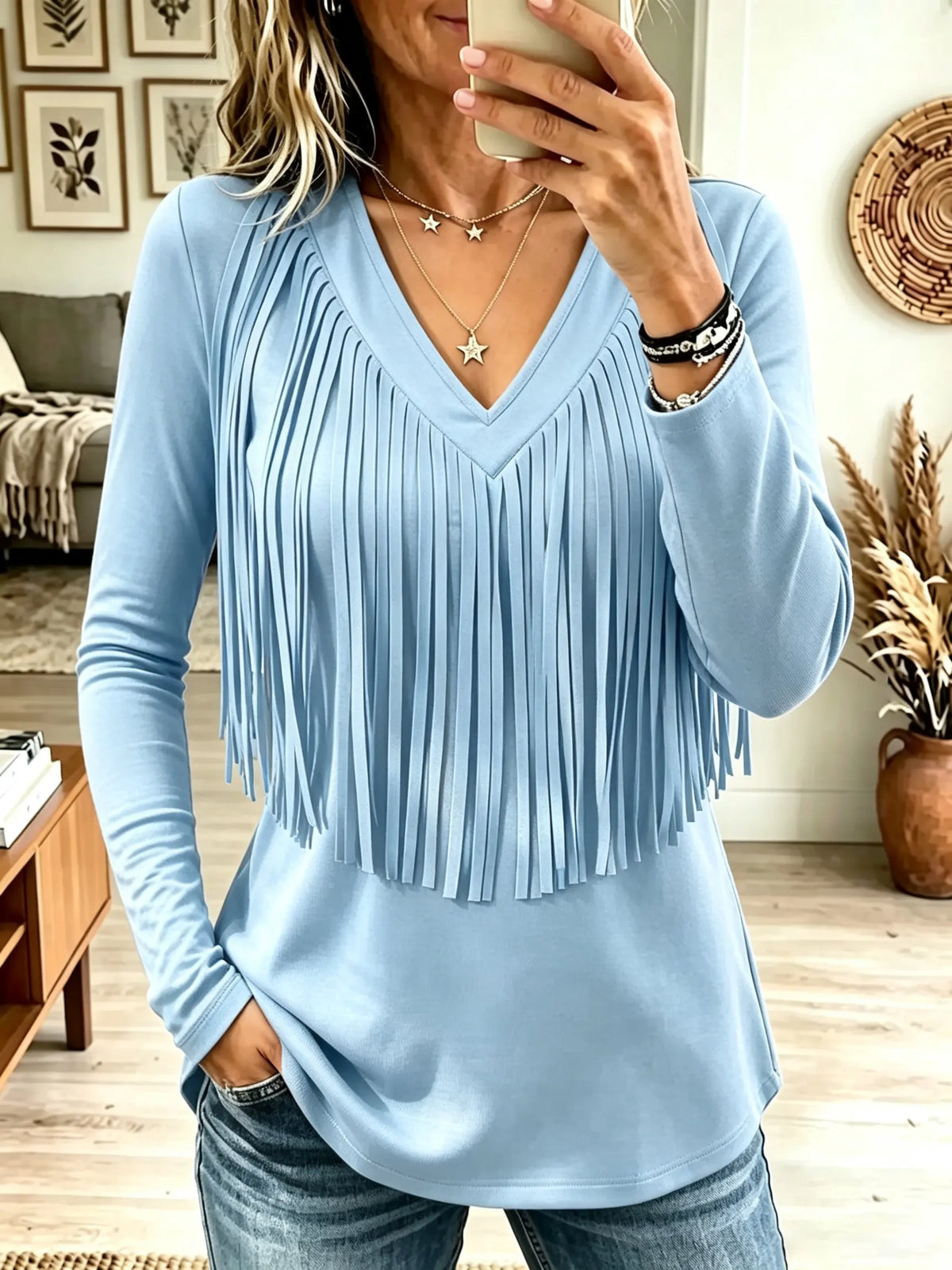 Women's V-Neck Tassel Fringe Long-Sleeve Top