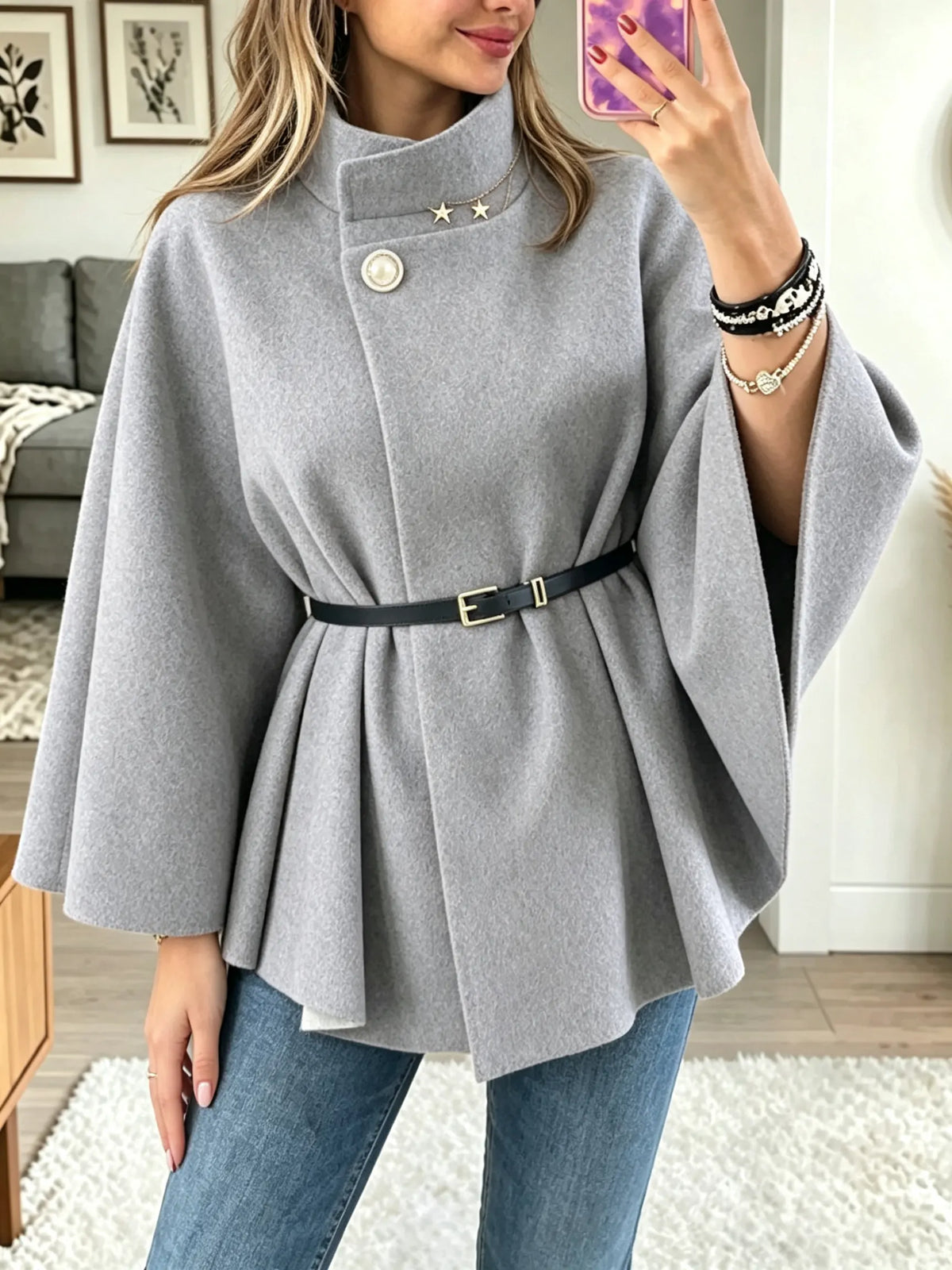 Women's Belted Funnel Neck Cape Coat