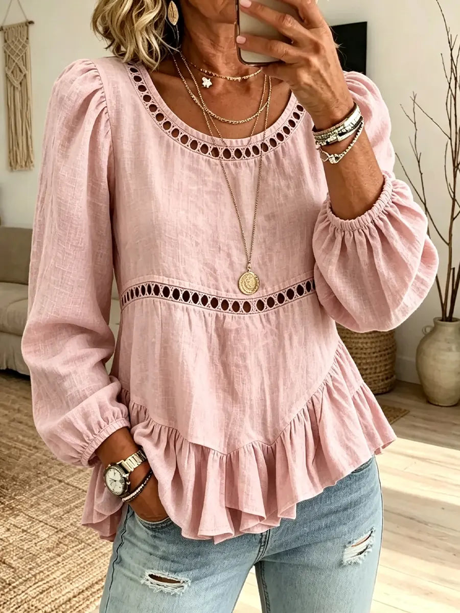Women's Hollow-out Irregular Hem Long-sleeve Shirt