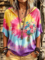 Women's Tie-Dye Floral Print Short Sleeve Hoodie