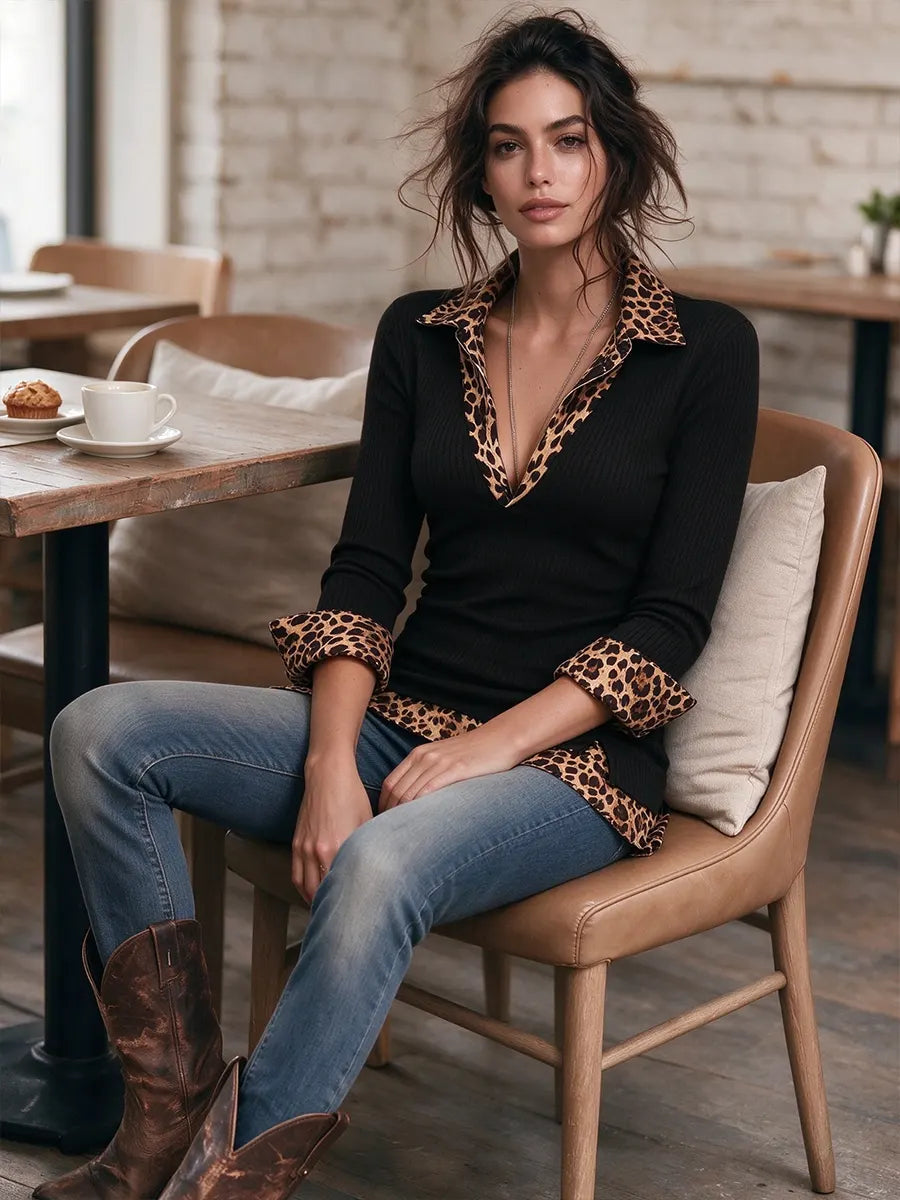 Women's Leopard Print Collar Long Sleeve Top