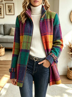 Retro Plaid Pattern Art Zip Casual Cozy Stylish Long Sleeve Coat