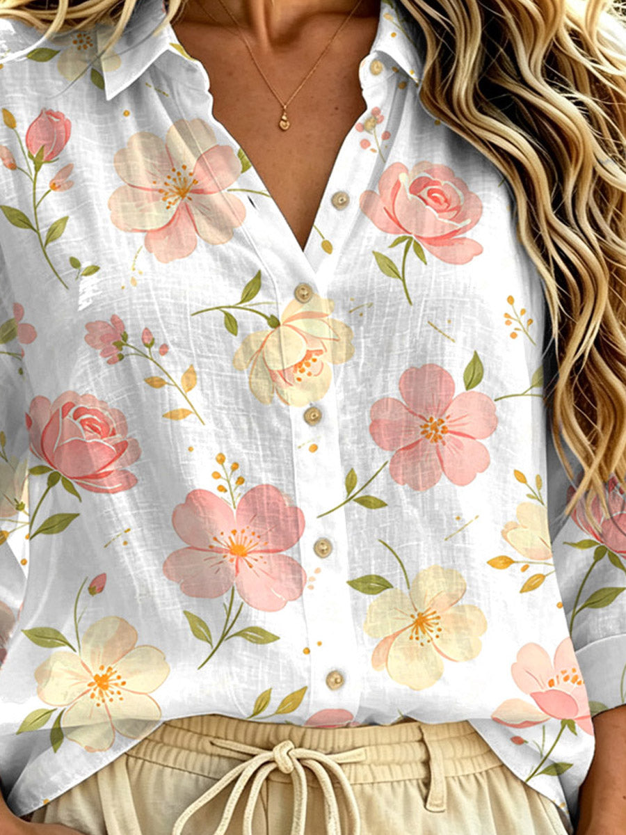 Women's Floral Pattern Art Print Casual Long Sleeve Lapel Linen Shirt