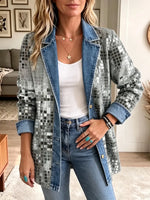 Retro Chic Shiny Sequins Pattern Art Casual Denim Patchwork Stylish Long Sleeve Coat