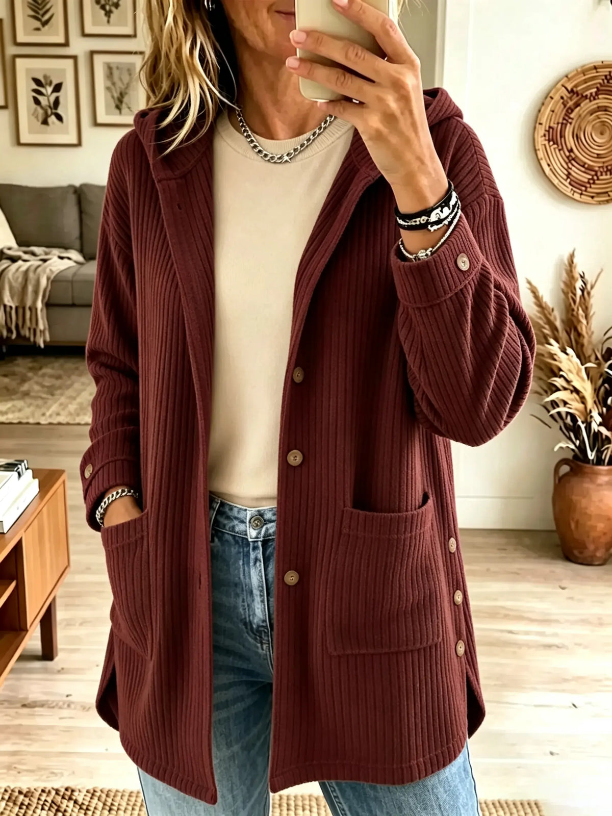 Women's Button-Down Hooded Ribbed Longline Cardigan