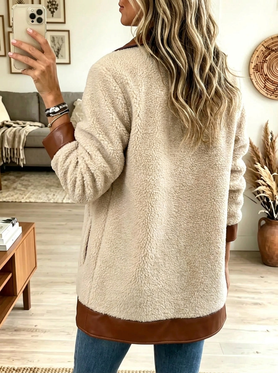 Women's Faux Leather Trim Sherpa Fleece Shacket