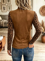 Women's Leopard Raglan Sleeve Suede Mock Neck Top