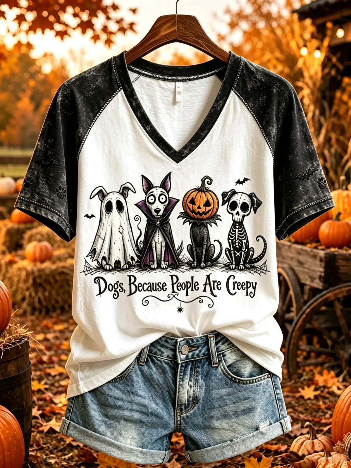 Women's Halloween Creepy Dogs Colorblock Raglan T-Shirt