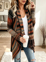 Women Striped Fringe Open Front Knit Cardigan