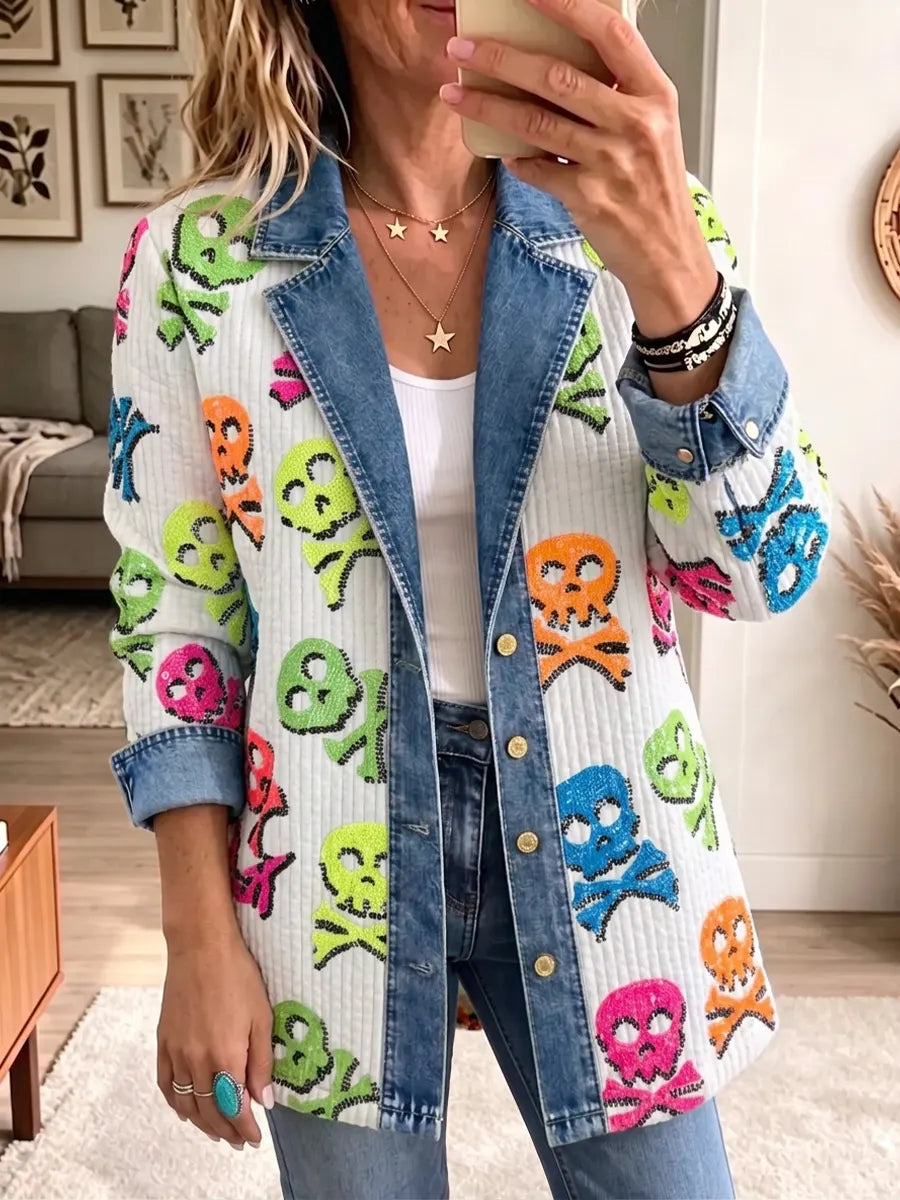 Vintage Elegant Denim Patchwork Skull Halloween Jacket