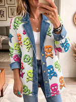 Vintage Elegant Denim Patchwork Skull Halloween Jacket
