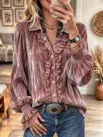 Women's Collared Ruffle Front Lantern Long Sleeve Blouse