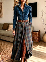 Women's Vintage Elegant Suede Patchwork Plaid Print Dress