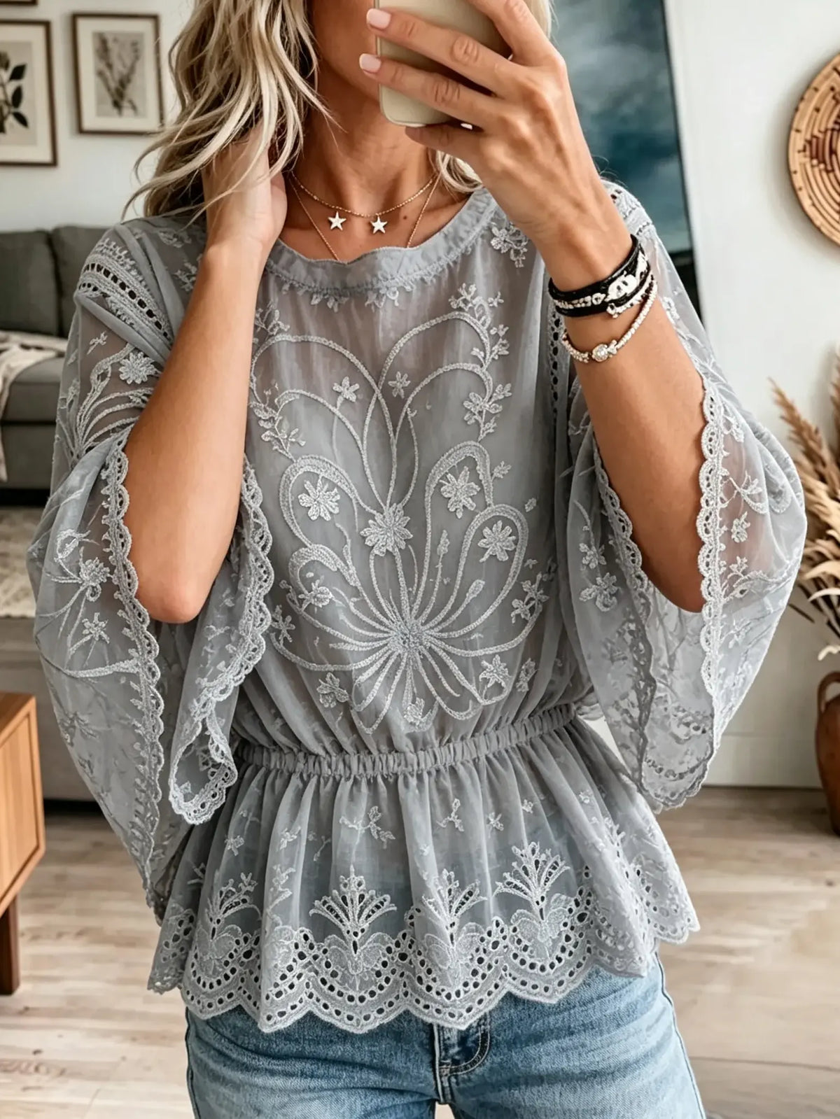 Women's Embroidered Lace Cinched Peplum Blouse