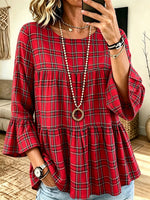 Women Red Plaid Tiered Ruffle Bell 3/4 Sleeve Blouse Top