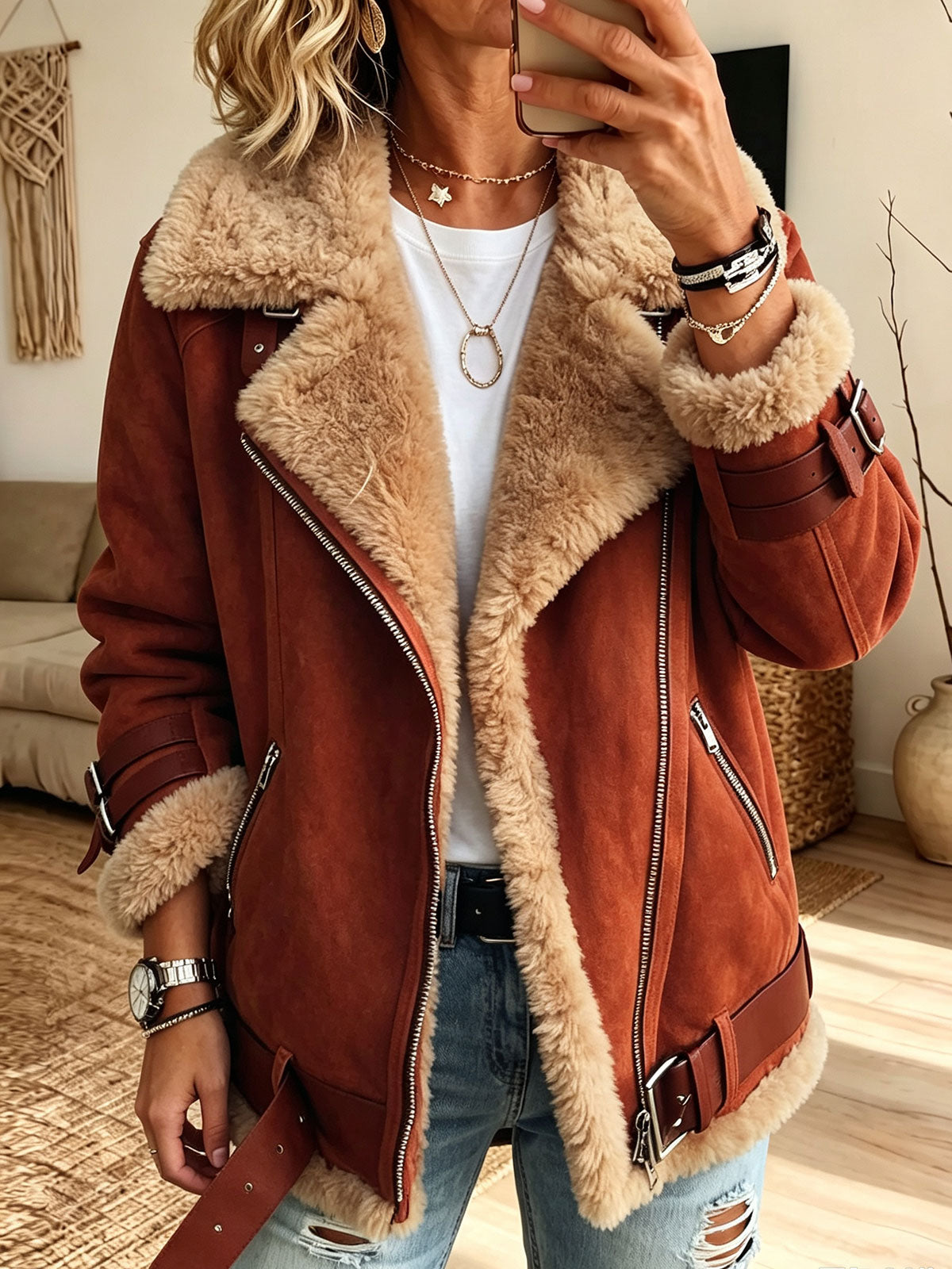 Women Faux Suede Shearling Moto Jacket, Warm Fur Lined Biker Winter Coat
