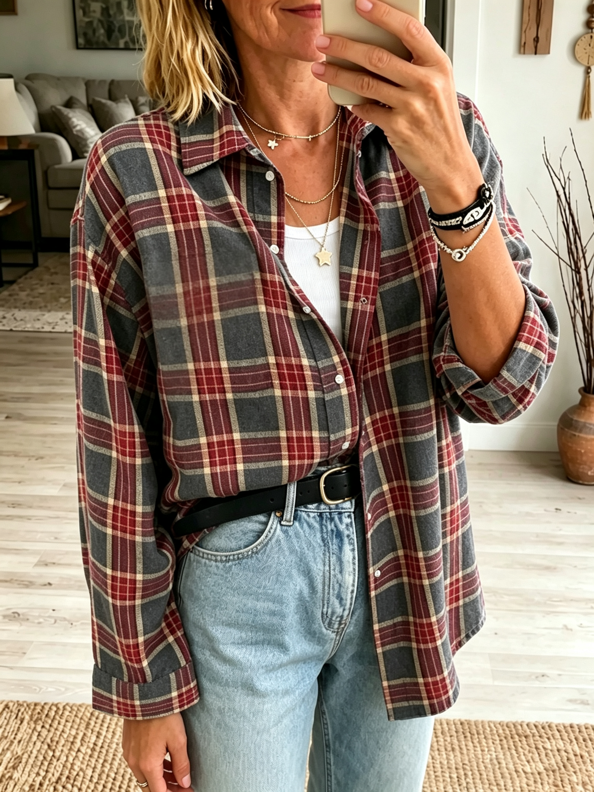 Women's Oversized Plaid Flannel Button-Down Shirt