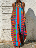 Women's Colorful Stripe Denim Strap Wide Leg Pocket Overalls Jumpsuit