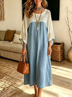 Chic Hollow Stylish Art Casual Round Neck Spliced Denim Midi Dress