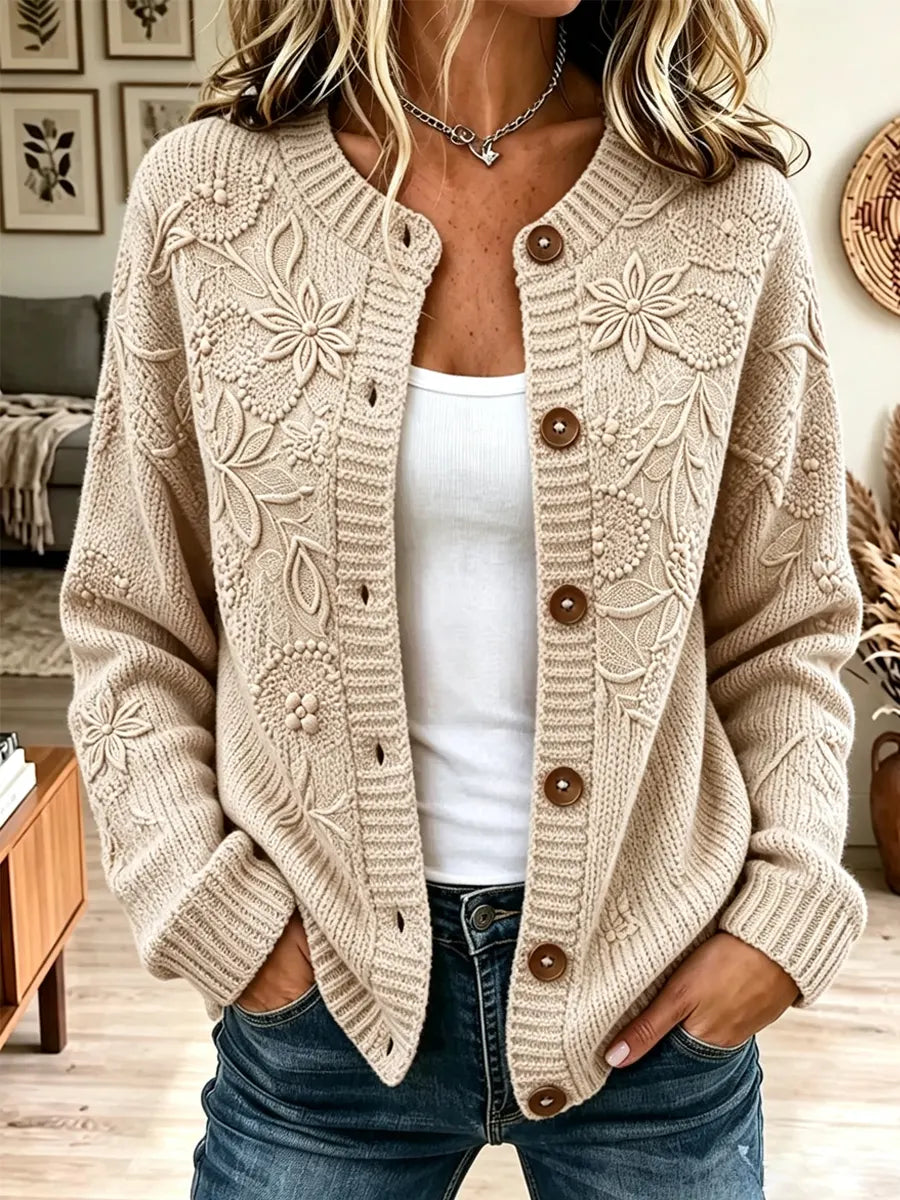 Retro Floral Pattern Art Casual Stylish Long Sleeve Knitted Cardigan Sweater