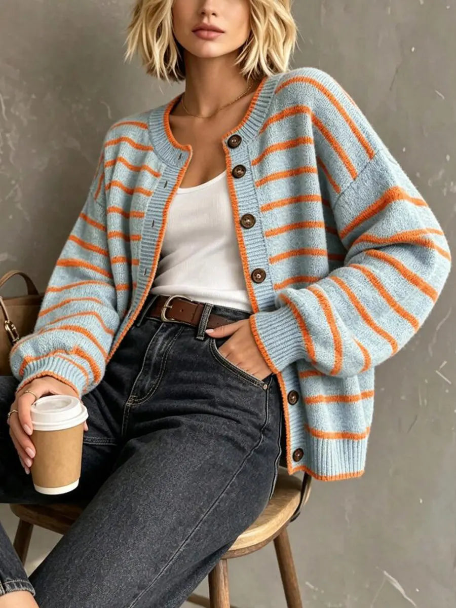 Retro Stripe Art Casual Stylish Long Sleeve Knitted Cardigan Sweater