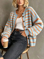 Retro Stripe Art Casual Stylish Long Sleeve Knitted Cardigan Sweater