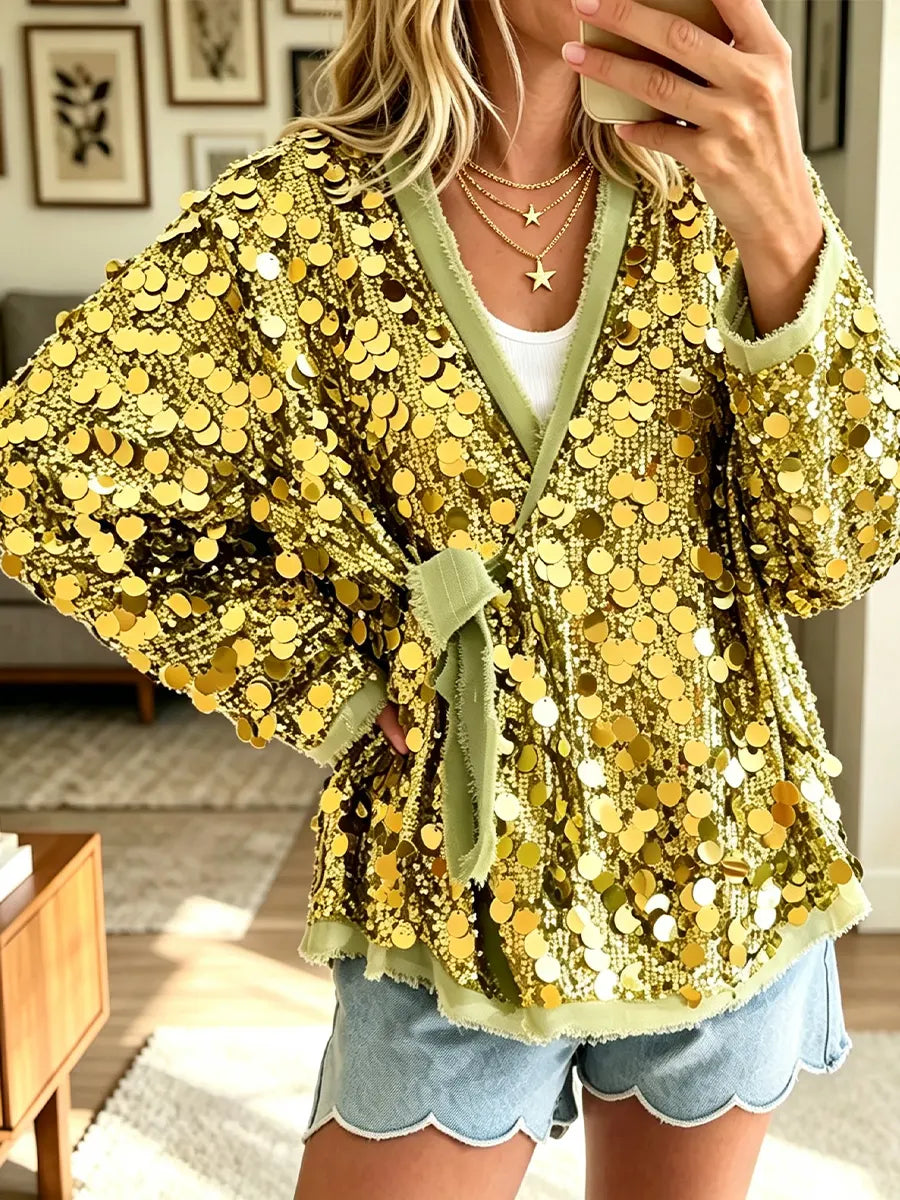 Women's Fashionable Casual Sequin Tie-Up Coat
