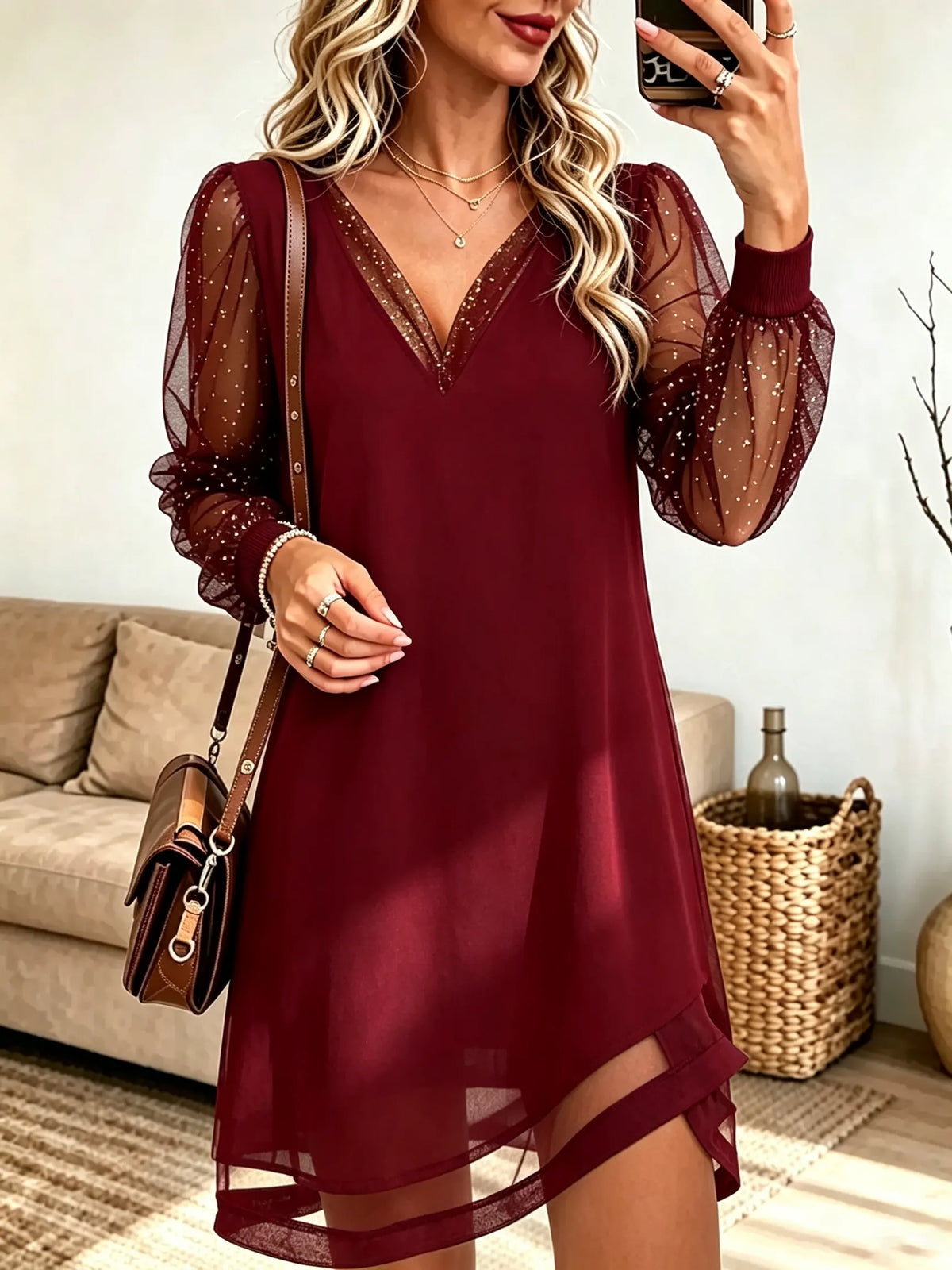 Women's Glitter Sheer Sleeve Asymmetrical Shift Dress