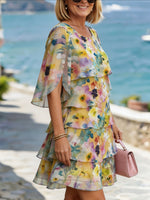 Women’s Watercolor Floral Print Flared Sleeve Layered Ruffle Chiffon Mini Dress