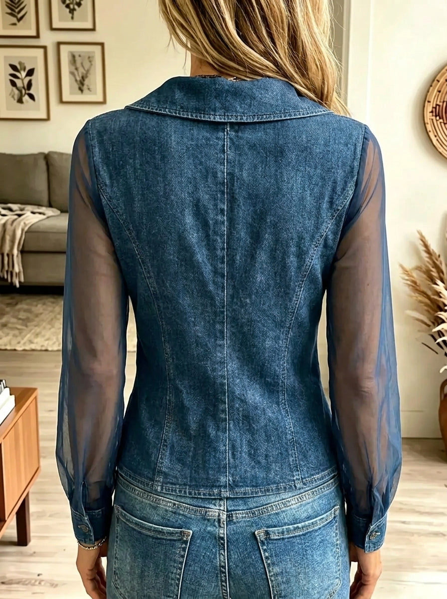 Women's Asymmetrical Denim Wrap Sheer Sleeve Blouse