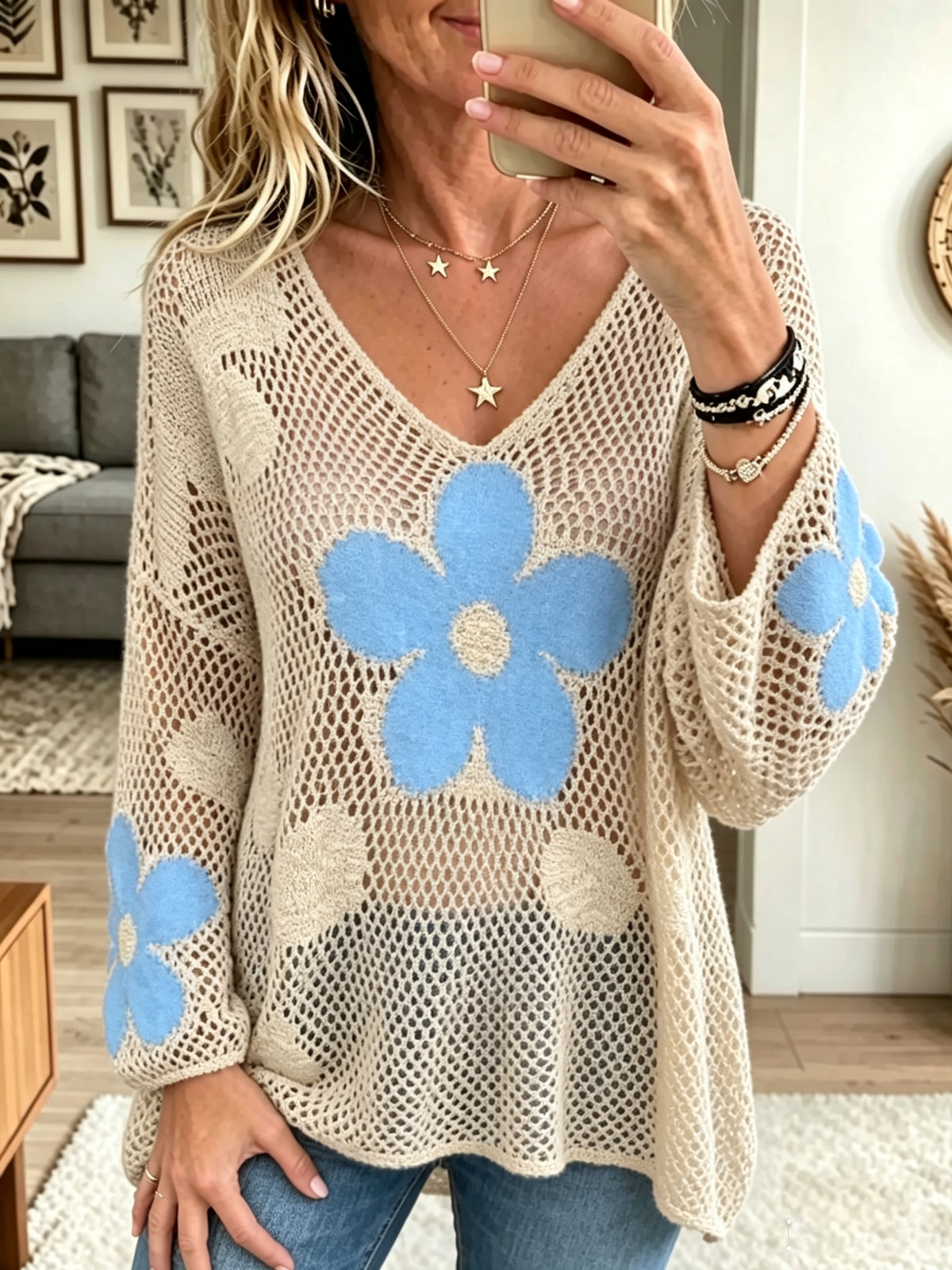 Women's Floral Knit V-Neck Sweater